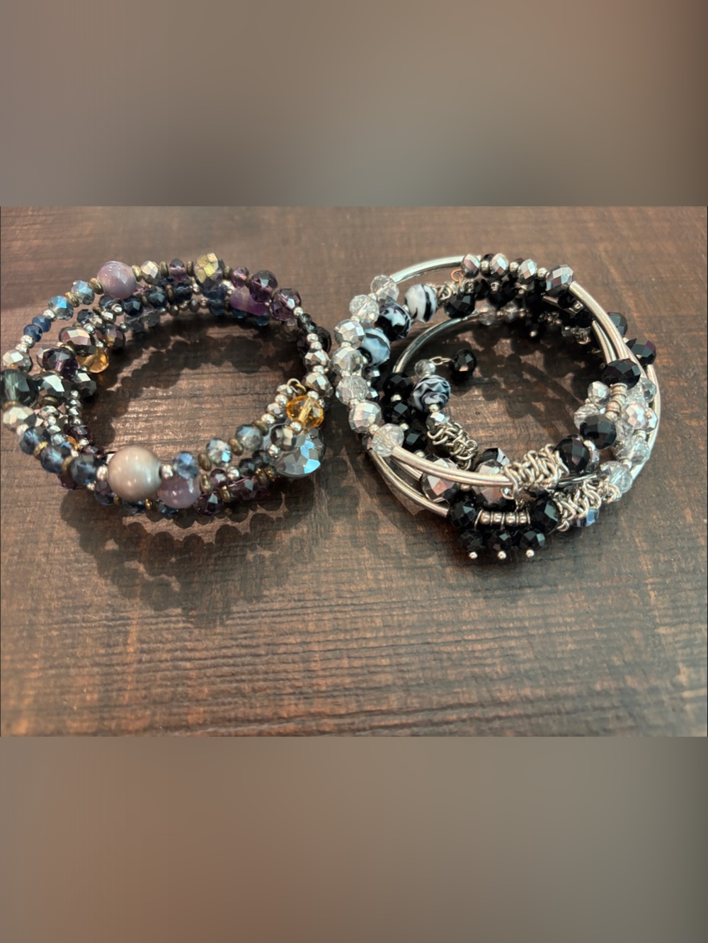 Vintage Boho Beaded Memory Wire Wrap Bracelet Stack Lot - Set of 2